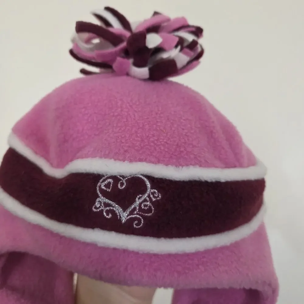 The Childrens Place Winter Hat 18-24M Chin Strap Pom Pom Fleece Heart Y2K Vtg